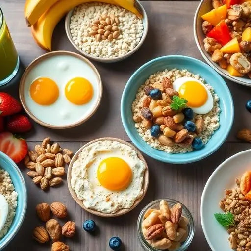 Desayuno fitness con huevos, frutas y batidos coloridos.