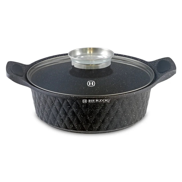 Herzog HR-5220 : Casserole peu profonde avec revêtement en marbre à motif diamant de 28 cm avec bouton aromatique - 4 L