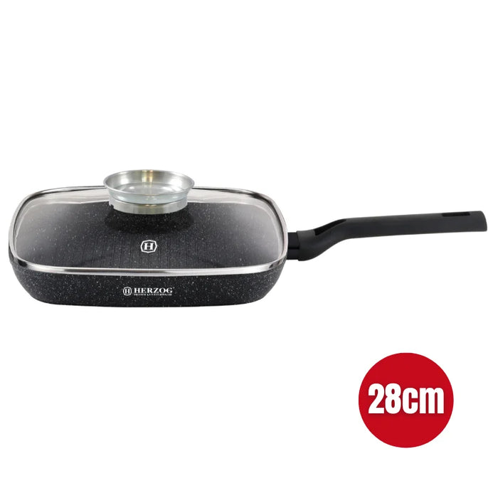 Herzog HR-2613 : Poêle grill 28 cm avec couvercle avec bouton aromatique