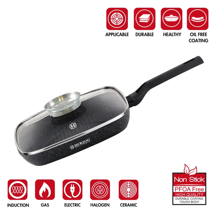 Herzog HR-2613 : Poêle grill 28 cm avec couvercle avec bouton aromatique