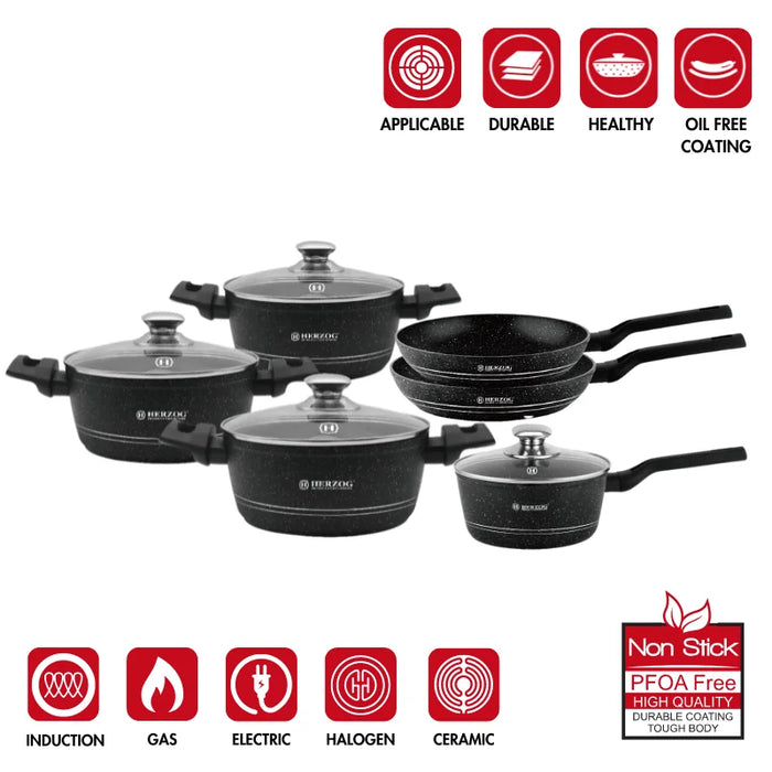 Herzog HR-2626 : Batterie de cuisine 10 pièces avec revêtement en marbre
