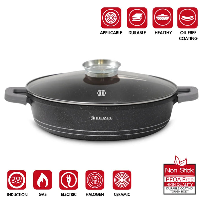 Herzog HR-5213 : Cocotte peu profonde recouverte de marbre de 32 cm avec bouton aromatique - 6,1 L