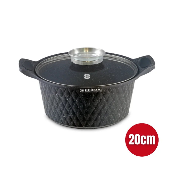 Herzog HR-5216 : Cocotte en marbre avec revêtement en marbre motif diamant de 20 cm avec bouton aromatique - 2,4 L