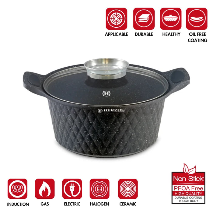 Herzog HR-5216 : Cocotte en marbre avec revêtement en marbre motif diamant de 20 cm avec bouton aromatique - 2,4 L