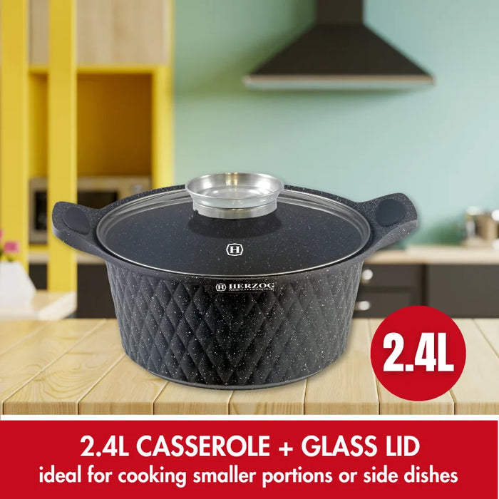 Herzog HR-5216 : Cocotte en marbre avec revêtement en marbre motif diamant de 20 cm avec bouton aromatique - 2,4 L