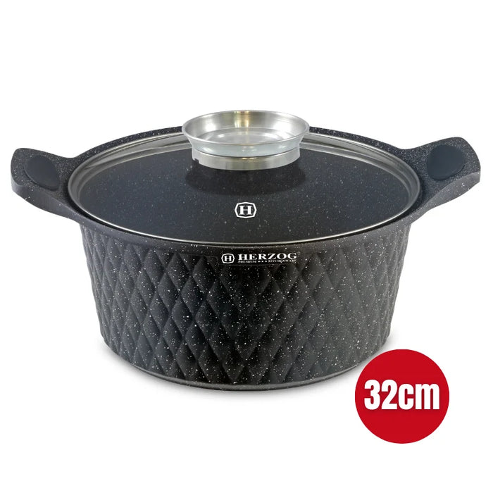 Herzog HR-5219 : Casserole à revêtement en marbre Diamond Design de 32 cm avec bouton aromatique - 9,7 L