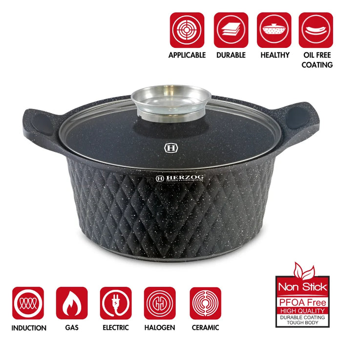 Herzog HR-5219 : Casserole à revêtement en marbre Diamond Design de 32 cm avec bouton aromatique - 9,7 L