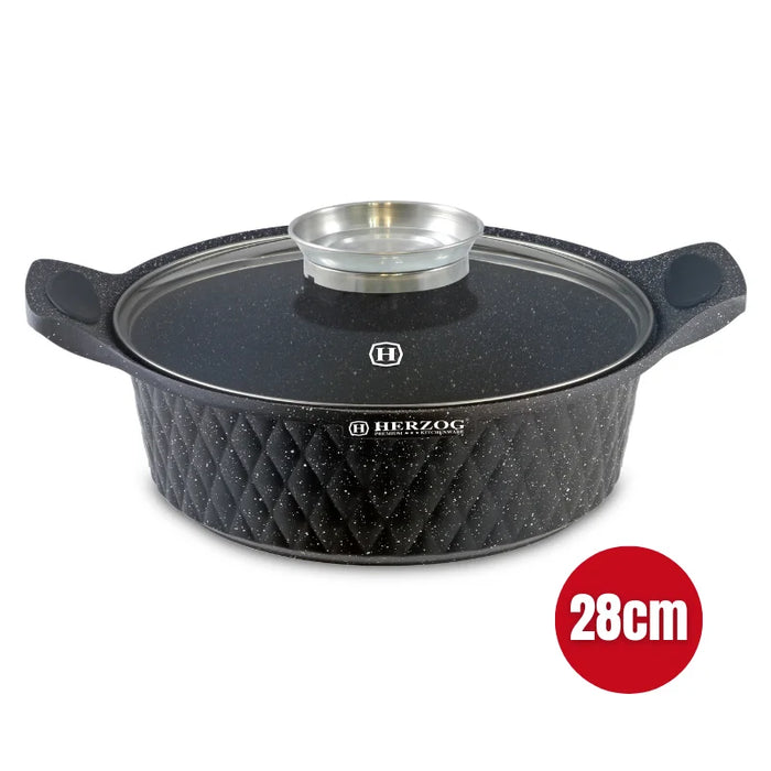 Herzog HR-5220 : Casserole peu profonde avec revêtement en marbre à motif diamant de 28 cm avec bouton aromatique - 4 L