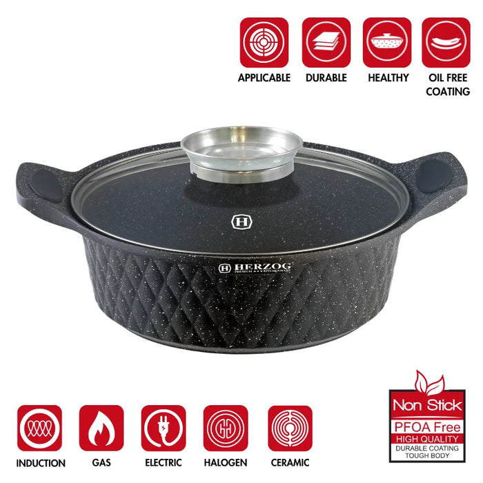 Herzog HR-5220 : Casserole peu profonde avec revêtement en marbre à motif diamant de 28 cm avec bouton aromatique - 4 L