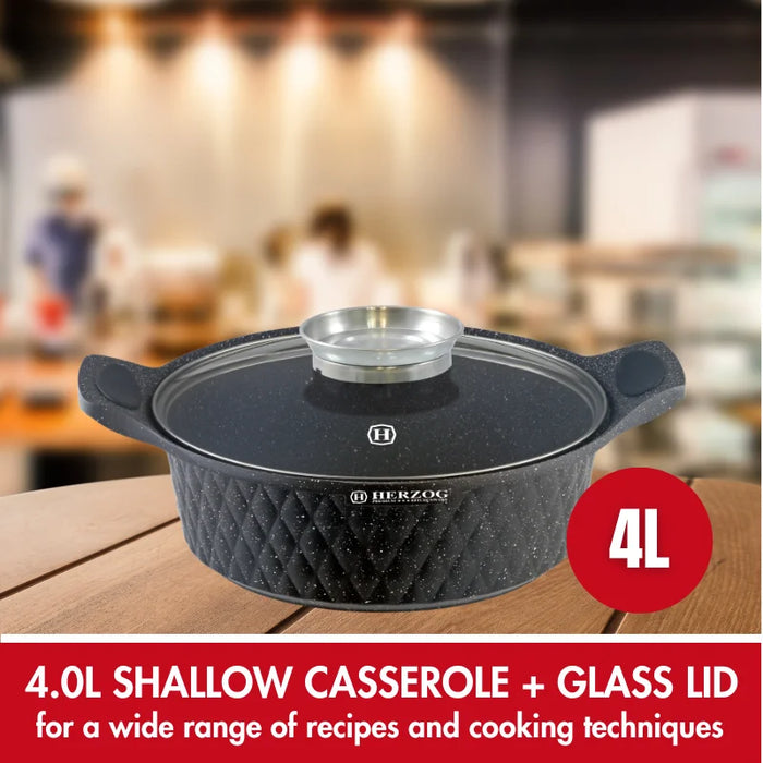 Herzog HR-5220 : Casserole peu profonde avec revêtement en marbre à motif diamant de 28 cm avec bouton aromatique - 4 L