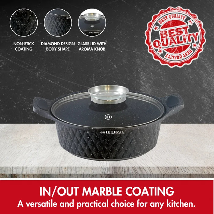 Herzog HR-5220 : Casserole peu profonde avec revêtement en marbre à motif diamant de 28 cm avec bouton aromatique - 4 L