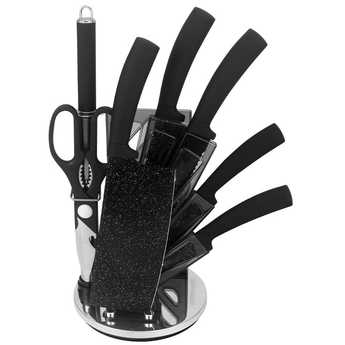 Juego de cuchillos con soporte de acrílico de 8 piezas - Mármol negro | BronKitchen©