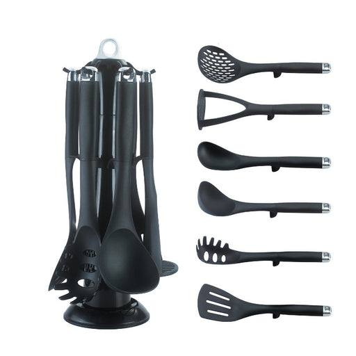 Juego de utensilios de cocina de 7 piezas con base de almacenamiento en color negro,utensilios para cocinar, utensilios para pasta, utensilios de cocina, juegos de utensilios, utensilios cocina, utensilios, rallador, mandolina cocina, espumadera, rallador de queso,