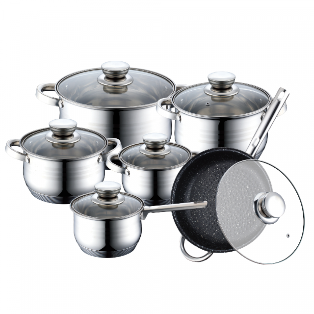 Juego de 12 Piezas de Batería de Cocina de Acero Inoxidable con Sartén Revestida de Mármol | BronKitchen©