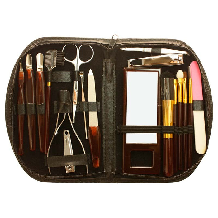 Set,de,18,Piezas,para,Manicura,y,Pedicura,BronWellys©,Set,de,manicura,y,pedicura,de,18,piezas,de,bronmart,Set,para,uñas,con,todo,lo,necesario,para,hombre,y,mujer,en,estuche,de,piel,auténtica, color negro,purpura