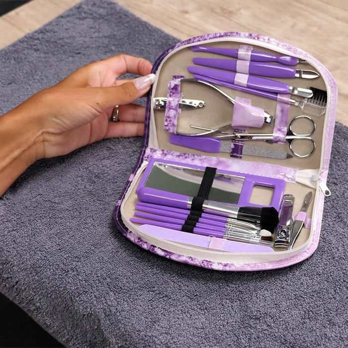 Set,de,18,Piezas,para,Manicura,y,Pedicura,BronWellys©,Set,de,manicura,y,pedicura,de,18,piezas,de,bronmart,Set,para,uñas,con,todo,lo,necesario,para,hombre,y,mujer,en,estuche,de,piel,auténtica, color negro,purpura