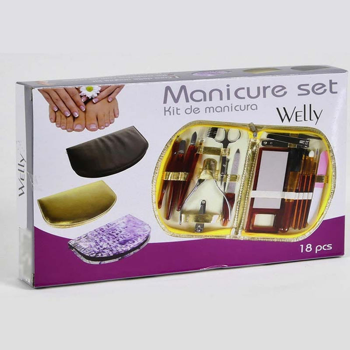 Set,de,18,Piezas,para,Manicura,y,Pedicura,BronWellys©,Set,de,manicura,y,pedicura,de,18,piezas,de,bronmart,Set,para,uñas,con,todo,lo,necesario,para,hombre,y,mujer,en,estuche,de,piel,auténtica, color negro,purpura