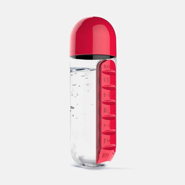 Botella de agua de 600 ml con pastillero, botella de plástico para bebidas con caja de pastillas para medicamentos, contenedor para bebidas, organizador de medicamentos de 7 días de viaje
