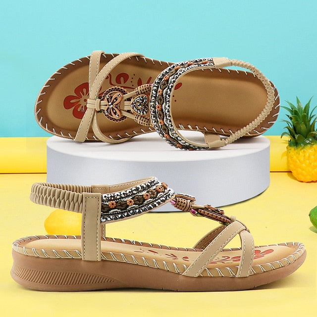 Sandalias Retro para mujer, zapatos de costura con estampado de flores a la moda, sandalias de verano con diseño de diamantes de imitación, sandalias con banda elástica de plataforma suave