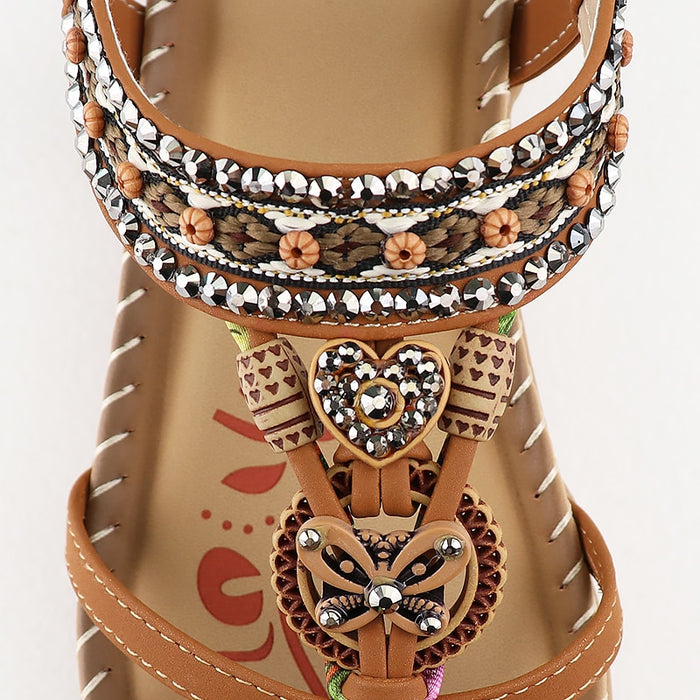 Sandalias Retro para mujer, zapatos de costura con estampado de flores a la moda, sandalias de verano con diseño de diamantes de imitación, sandalias con banda elástica de plataforma suave