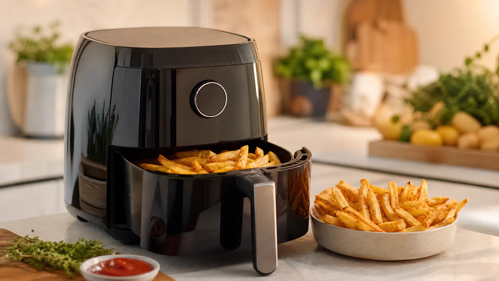 Freidora sin aceite moderna con patatas crujientes