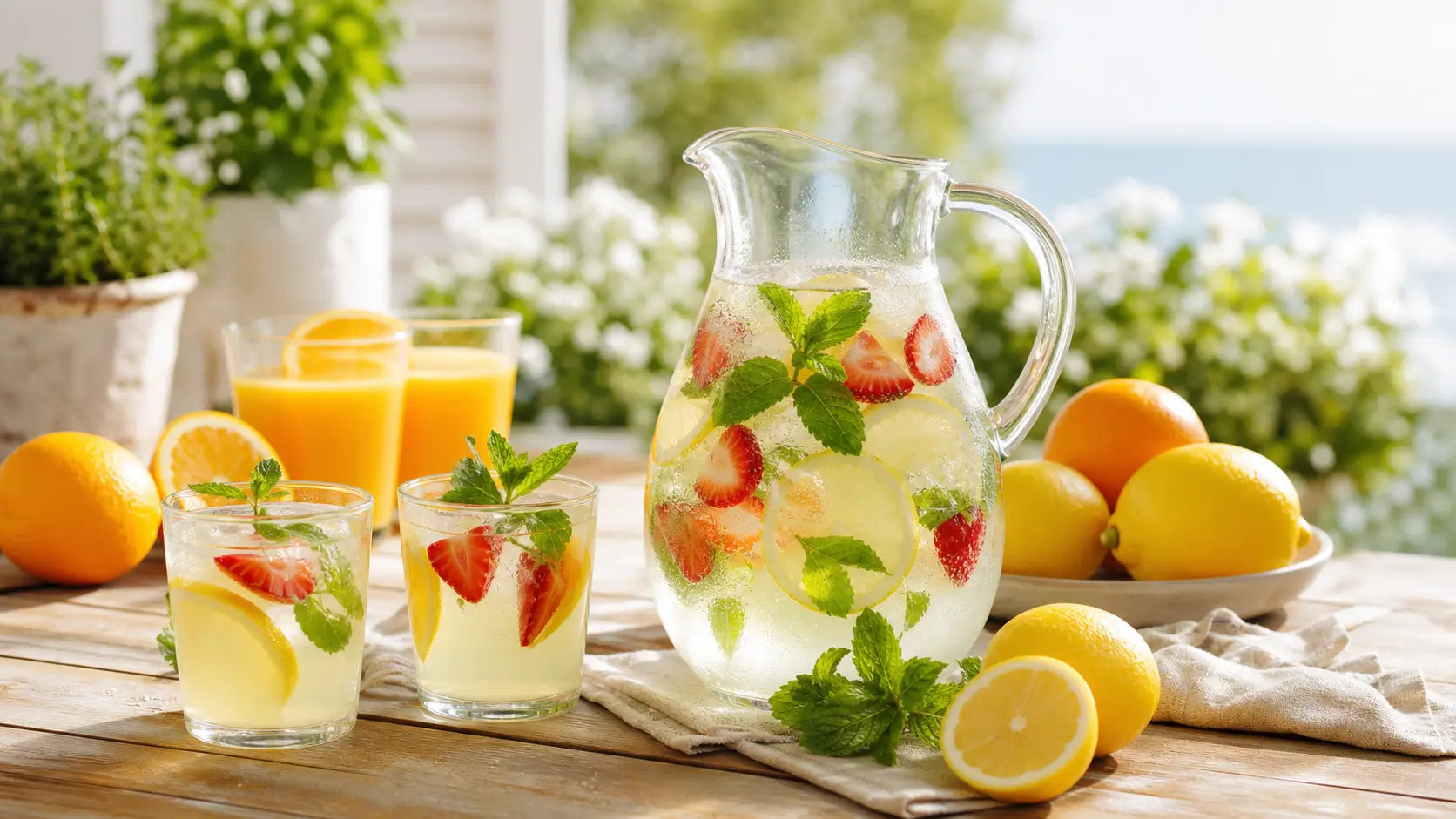 Limonadas, zumos naturales y cubitos de hielo con frutas preparados para refrescar el verano