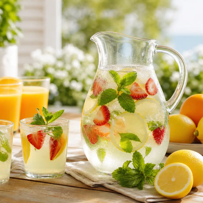 Limonadas, zumos naturales y cubitos de hielo con frutas preparados para refrescar el verano