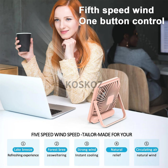 Ventilateur de bureau portable rechargeable USB | 5 vitesses pliable à 180° silencieux