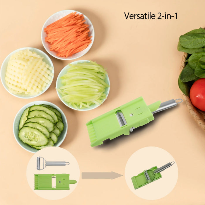 Pelador, rallador y espiralizador 3 en 1 de acero inoxidable con diseño ergonómico, ideal para pelar frutas, rallar vegetales y hacer espirales de papa fácilmente.