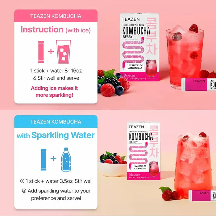 TEAZEN Kombucha Berry – Thé fermenté coréen aux probiotiques, sans sucre et faible en calories