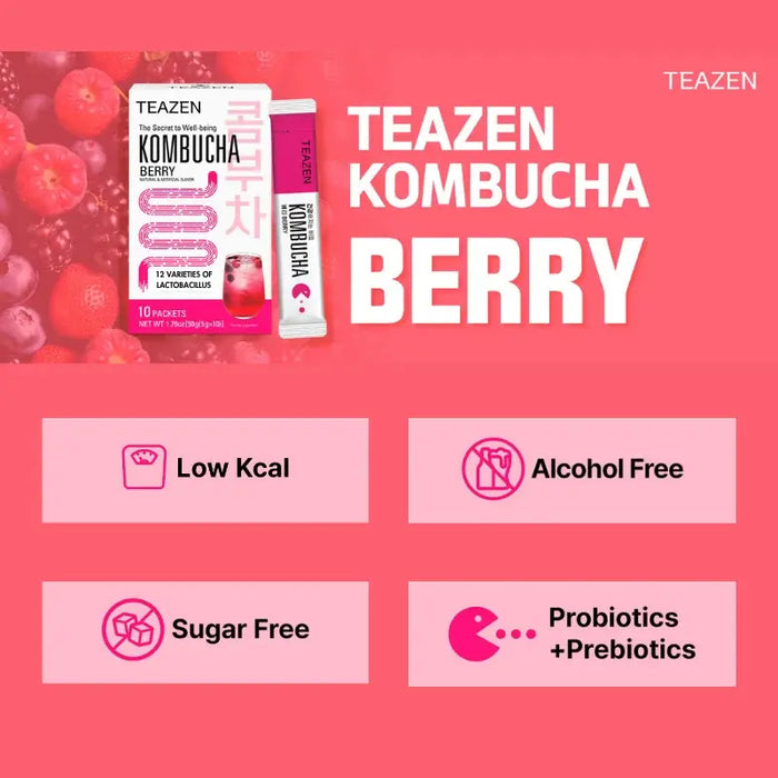 TEAZEN Kombucha Berry – Thé fermenté coréen aux probiotiques, sans sucre et faible en calories