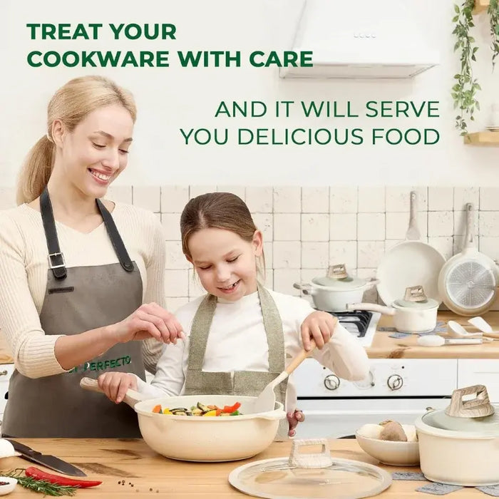 Batterie de cuisine en granit 14 pièces Just Perfecto – Beige antiadhésive avec couvercles