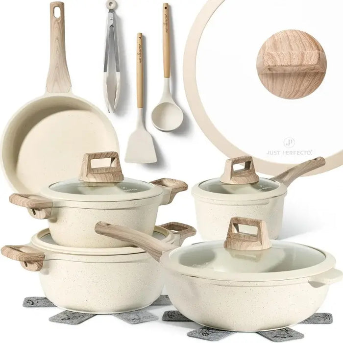 Batterie de cuisine en granit 14 pièces Just Perfecto – Beige antiadhésive avec couvercles
