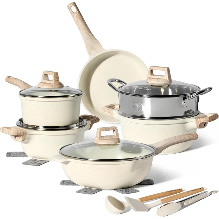 Batería de Cocina Granito 15 Piezas con Vaporera Just Perfecto – Beige Inducción