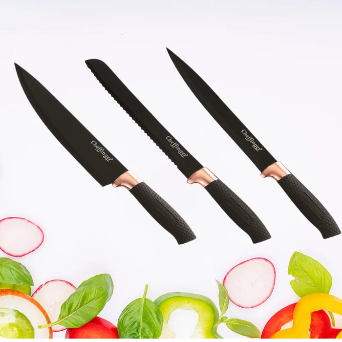 Cheffinger CF-KB01: Juego de Cuchillos 7 Piezas - Negro con Adornos de Oro Rosa -Bronmart